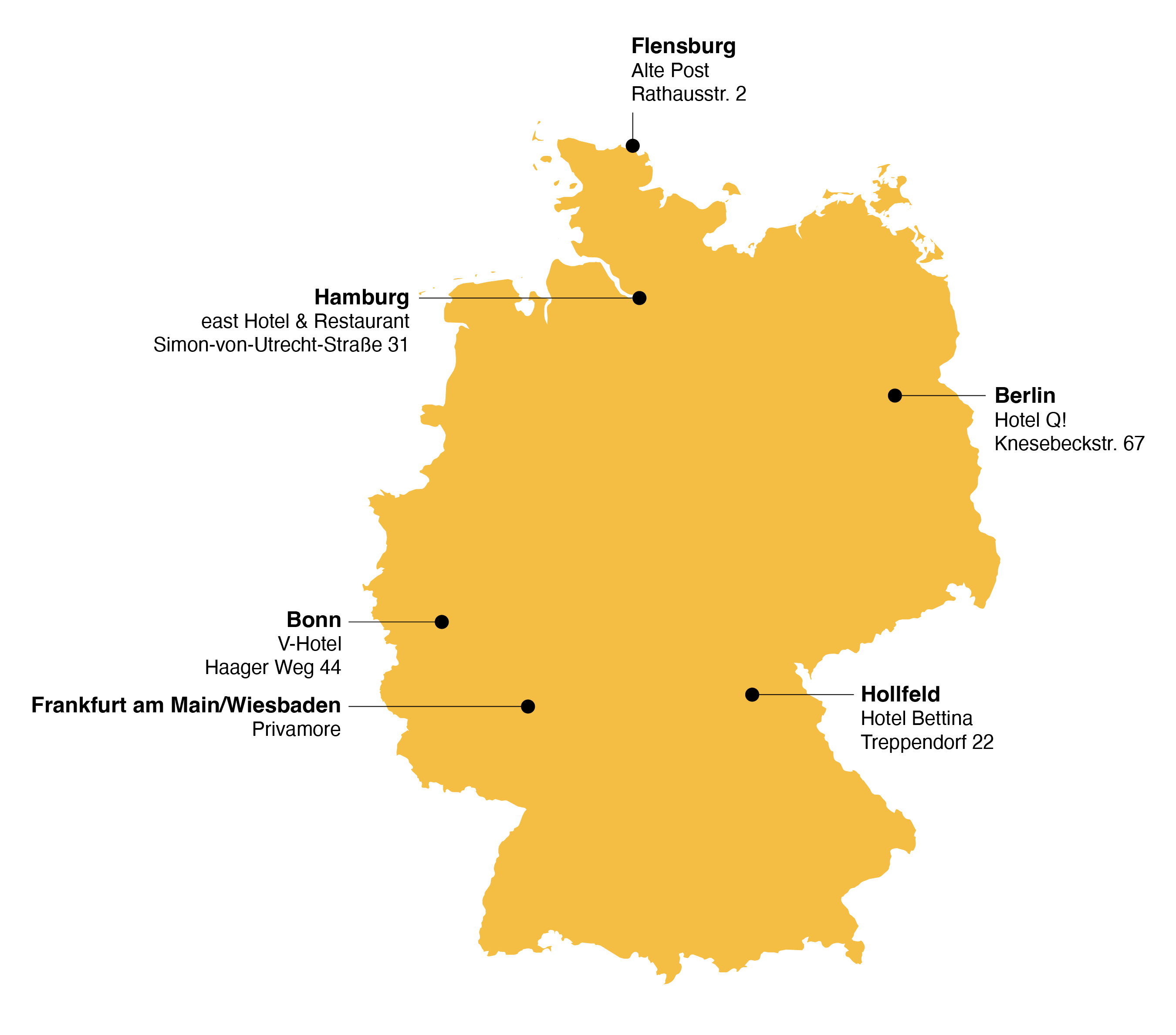 Karte von Deutschland mit Standorten von sechs Erotikhotels